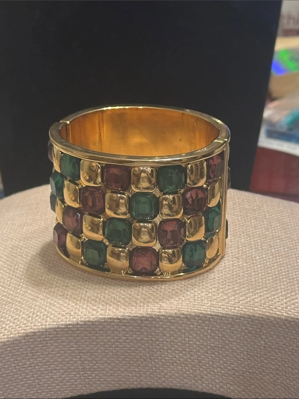 Gold Cuff Bracelet with Green and Amber Gemstones